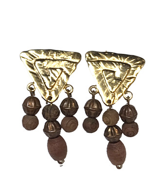 Triangle Tribal Style Beaded Earrings Gold Brown Tan Dangle Hook Pierced Wood