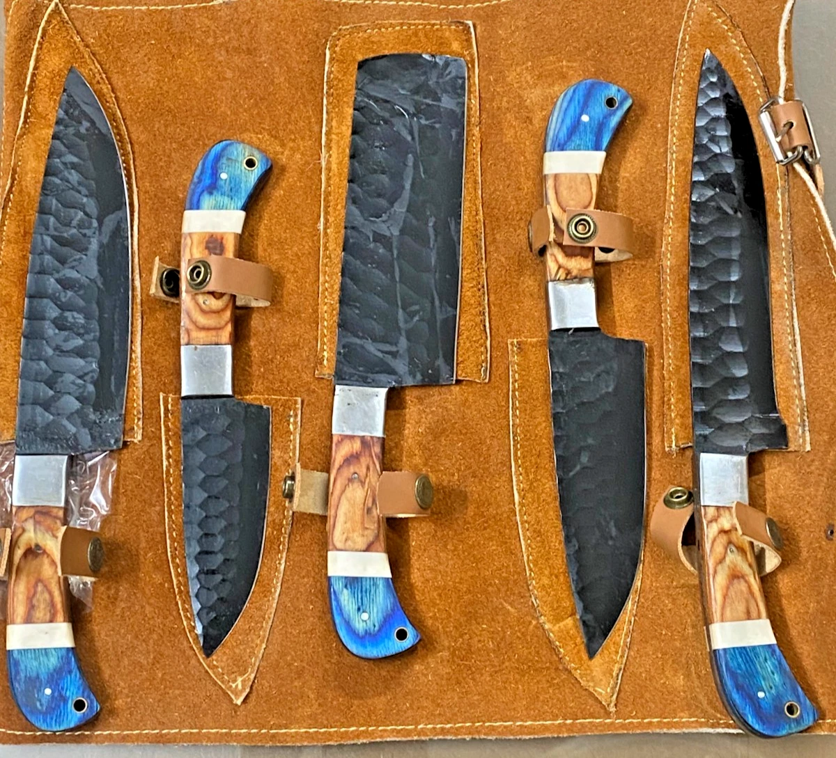 5 Piece Handmade Chef Knife Set Forged High Carbon Steel Blades with Blue wood