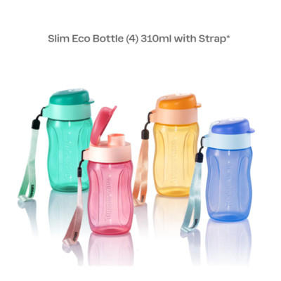 Limited Edition Tupperware Multicolor Eco Slim Bottle With Strap 310ml Set of 4