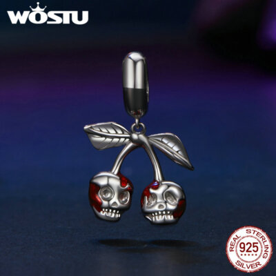 Wostu S925 Silver Halloween Cherry Skull Pendant Fit Bracelets