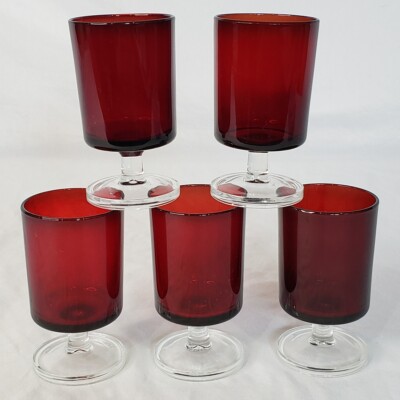 5 Luminarc Arcoroc Cavalier Of France Ruby Goblet Glasses Crystal Stems