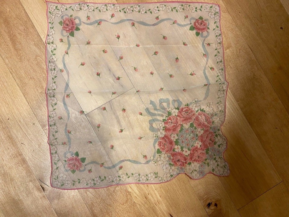 Vintage Handkerchief Hanky Pink on Sheer Floral Imprinted Roses 13 1/2 ...