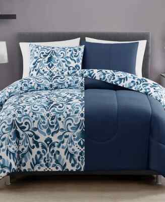 Keeco Watercolor Damask Queen Comforter Set, Navy