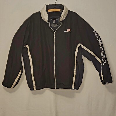 Vtg US Polo Assn Black & Green & White w/Hideaway Hood Full Zip Jacket Mens 2XL
