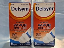 LOT OF 2 DELSYM NO MESS VAPOR ROLL-ON COUCH RELIEF 100% NATURAL 1.76 OZ EA 9/25