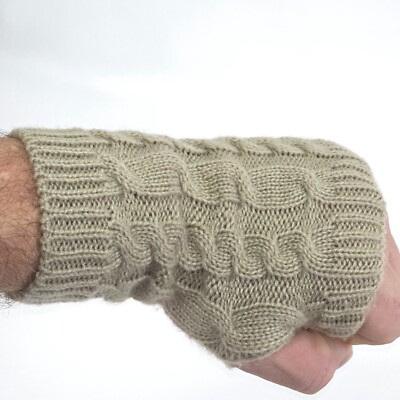 Women's Fishermans Cable Knit Fingerless Mittens Beige Gloves Winter Warm 7.5''