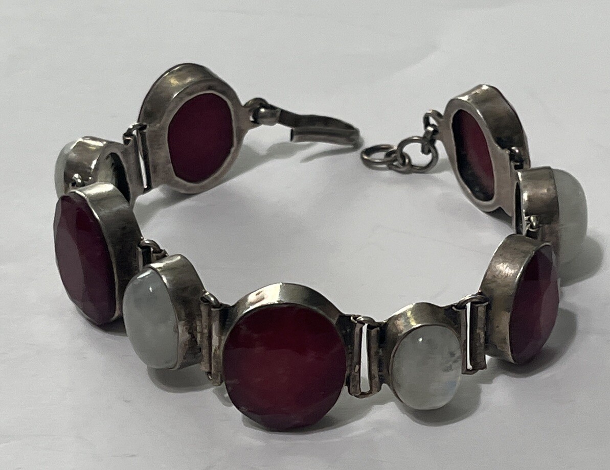 Indian Ruby & Rhinestone Moonstone Sterling Silve… - image 3
