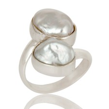 Double Fresh Water Pearl Gemstone 925 Sterling Silver Handmade Bypass Rings