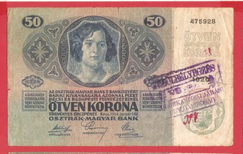 Austro-Hungarian,50 cronen 1914.Stamp"Kingdom SHS" 1919. temporary edition,P-3c