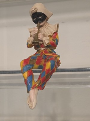 Vintage Vivian C 1996 Formano Italy Harlequin Jester Playing Horn Shelf Sitter