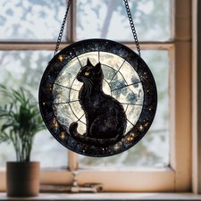 Black Cat Stained Glass Suncatcher: Moon Window Hanging decor