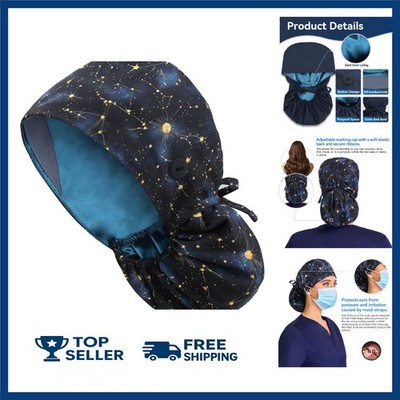 Satin Lined Scrub Cap, Scrub Hat Ponytail Women, Surgical Cap with Buttons & ...