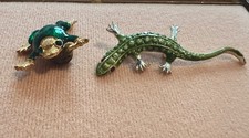 Vintage Green Enamel Lizard Frog Brooch Pin Lot of 2 Rhinestone Accents