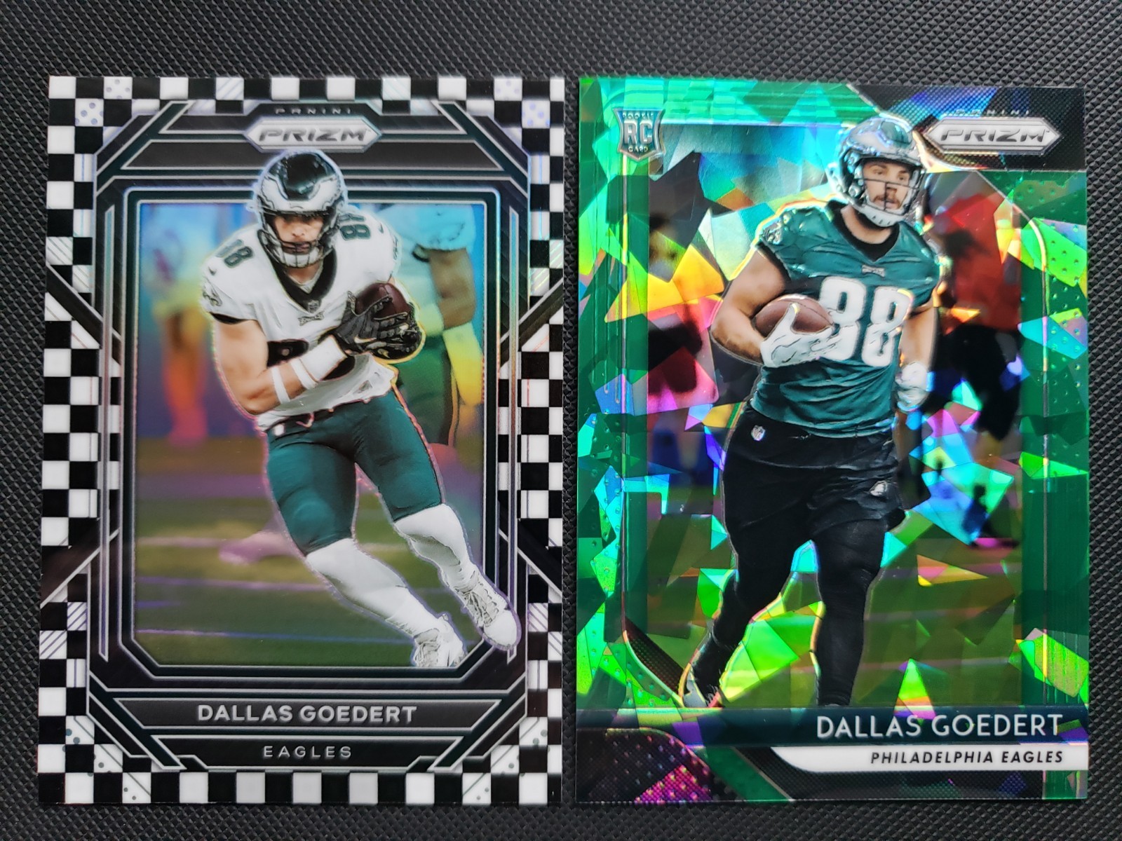 2018 Prizm Dallas Goedert Green Ice Rookie #46/75 & 2022 Prizm Checkerboard SP