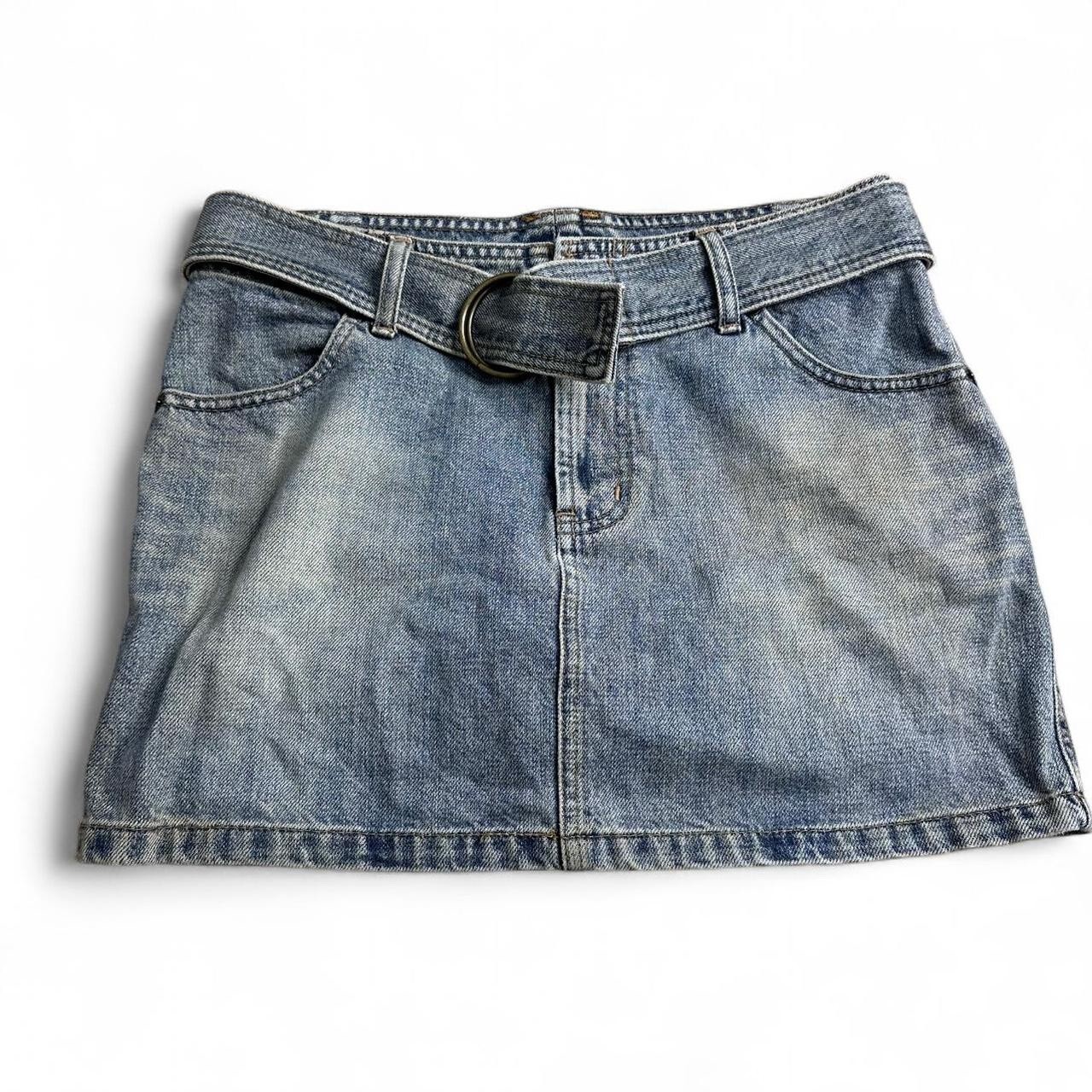 Belted Denim Mini Skirt with Buckle Detail in Size S/M