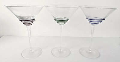 Set Of (3) Swirline Martini / Cosmopolitan Blown-Glass Glasses Green Blue Purple