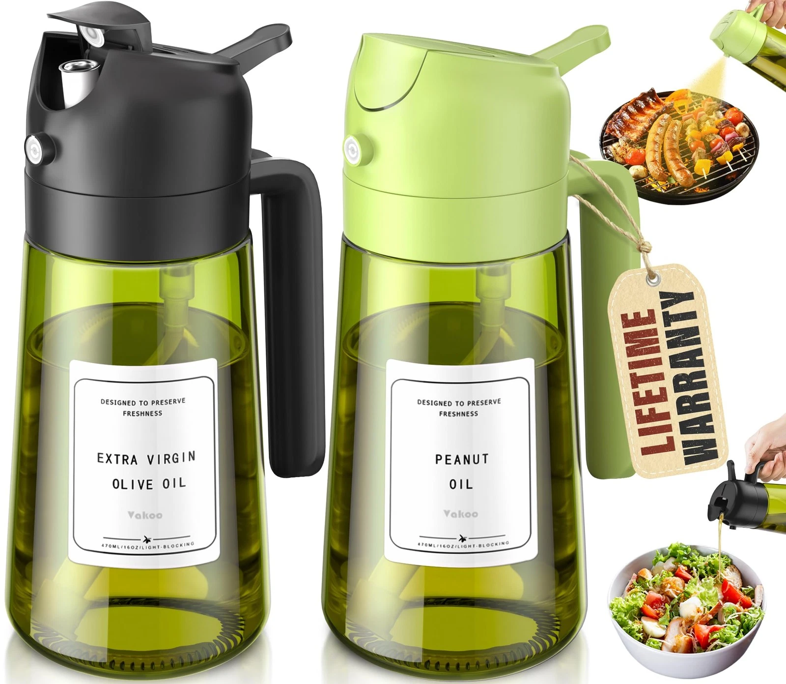"16oz Olive Oil Sprayer Dispenser, Black Green Glass, 2in1"
Opens in a new window or tab