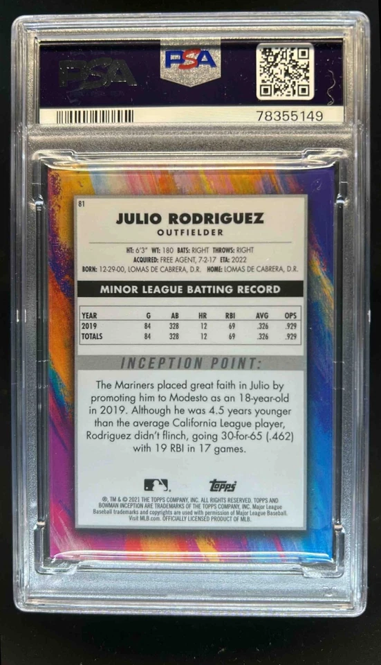 2021 Bowman Inception Julio Rodriguez Rookie RC #81 Mariners PSA 10 - Image 2 of 2
