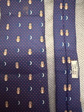 HERMES Neck Tie Navy Moon Owl Star 100 Silk Made in France