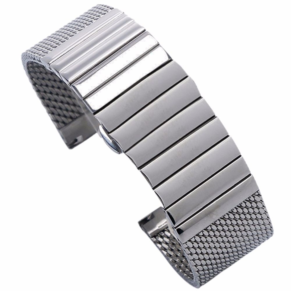 22mm Silver Milanese Mesh Web+Strip Stainless Steel Watch Band Strap Bracelet D