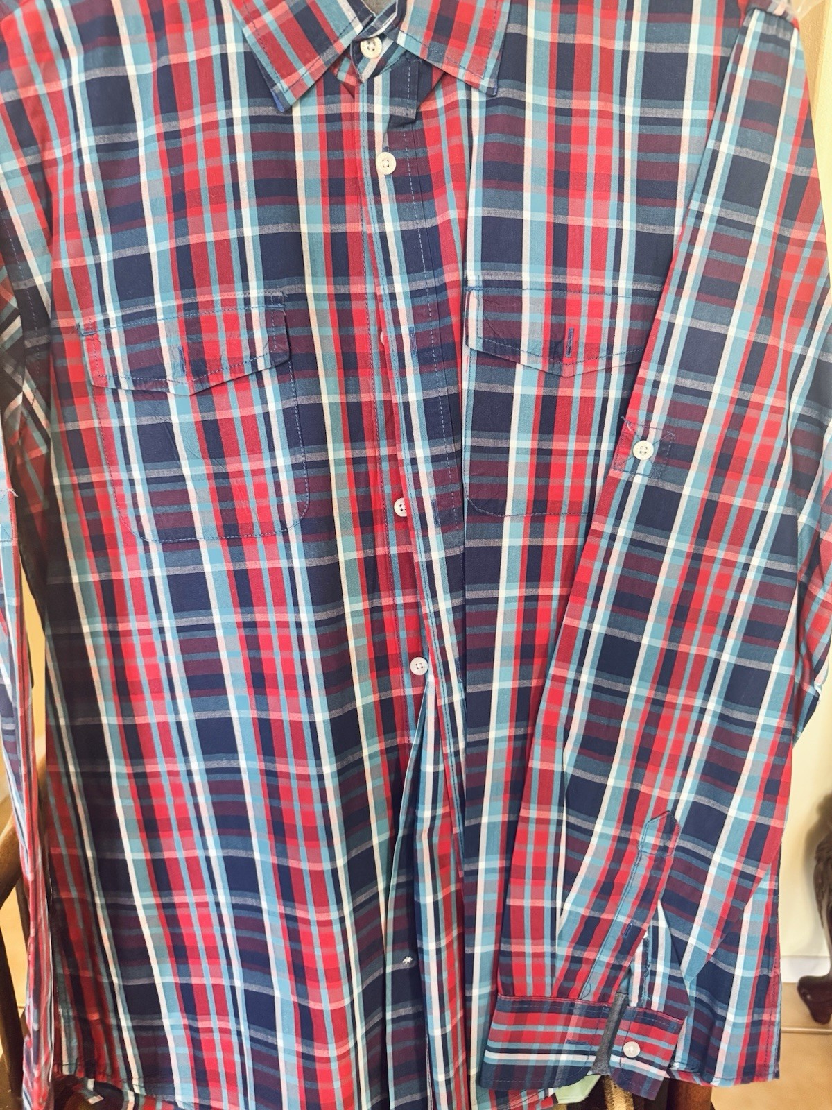 PD & C Shirt Mens XL Blue/ White/Red. Plaid Button Up 100% Cotton Casual