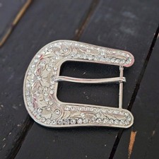 Silver Rhinestone Belt Buckle Embossed Floral Horseshoe Western