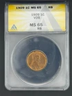 1909 VDB Lincoln Cent ANACS MS 65 RB Gorgeous  Key Variety (P-37)