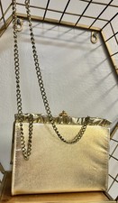 Gold Metallic Evening Bag with Chain Strap and Ruffled Trim