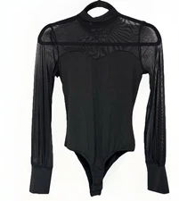 Black Women’s BodySuit With Sheer Sleeves Sweetheart Style Size large
