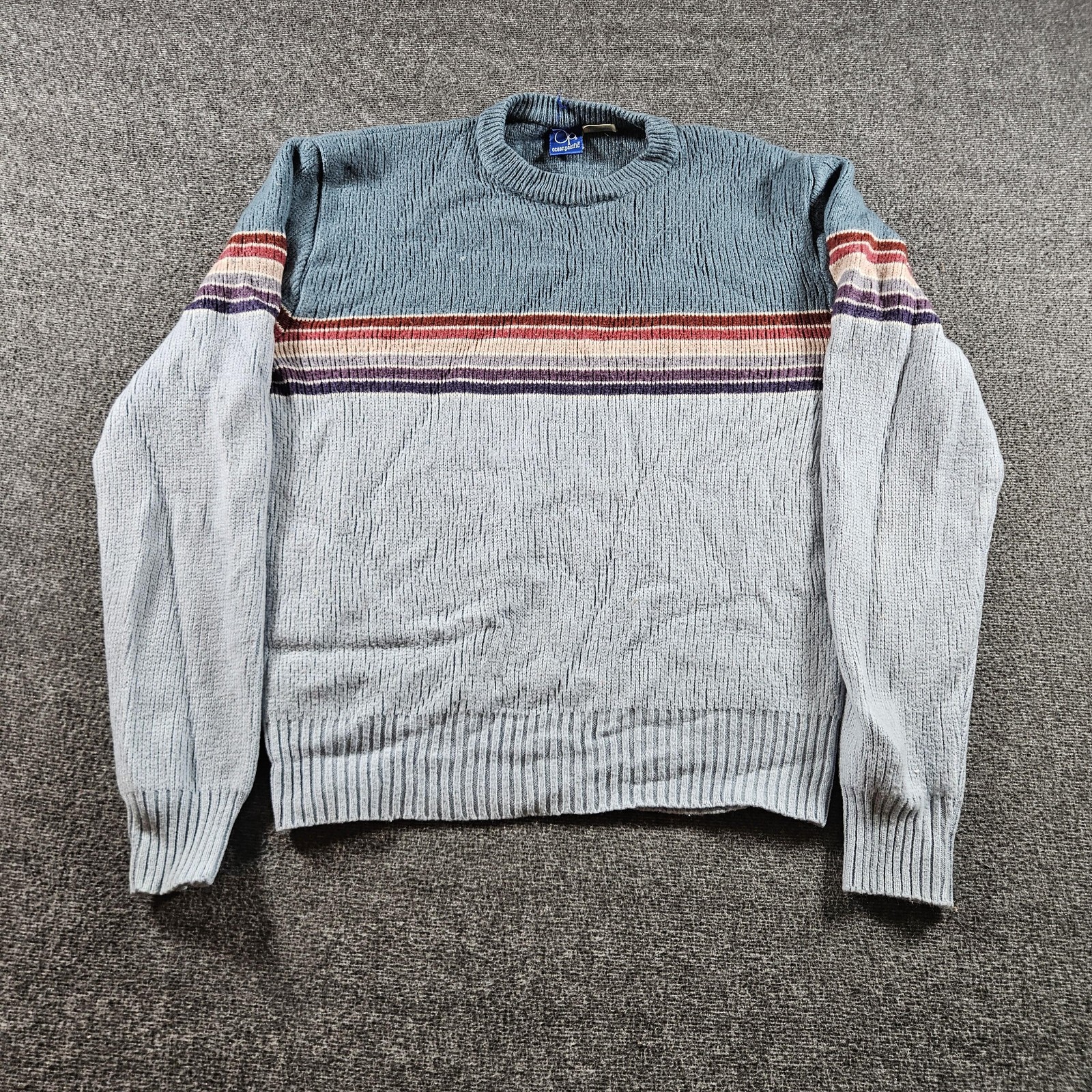 Vintage Ocean Pacific Sweater Mens Medium Blue Striped Crewneck Knit Hong Kong