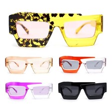 Funky 80s Asymmetrical Rectangle Thick Plastic Horn Rim Arm Sunglasses