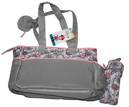 Disney Baby Minnie Mouse Floral Peach Pink Gray Diaper Tote Bag 4-Pc Gift Set - Picture 6 of 10