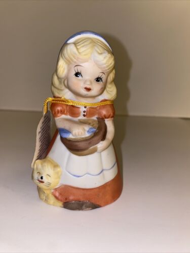 Statuetta vintage Jasco Adorabelle biscotto porcellana bambina con gattino campana con etichetta - Foto 1 di 6