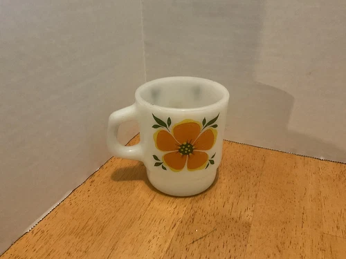Vintage FIRE KING  Orange & Yellow Flowers  MUG / CUP  Anchor Hocking  USA Retro