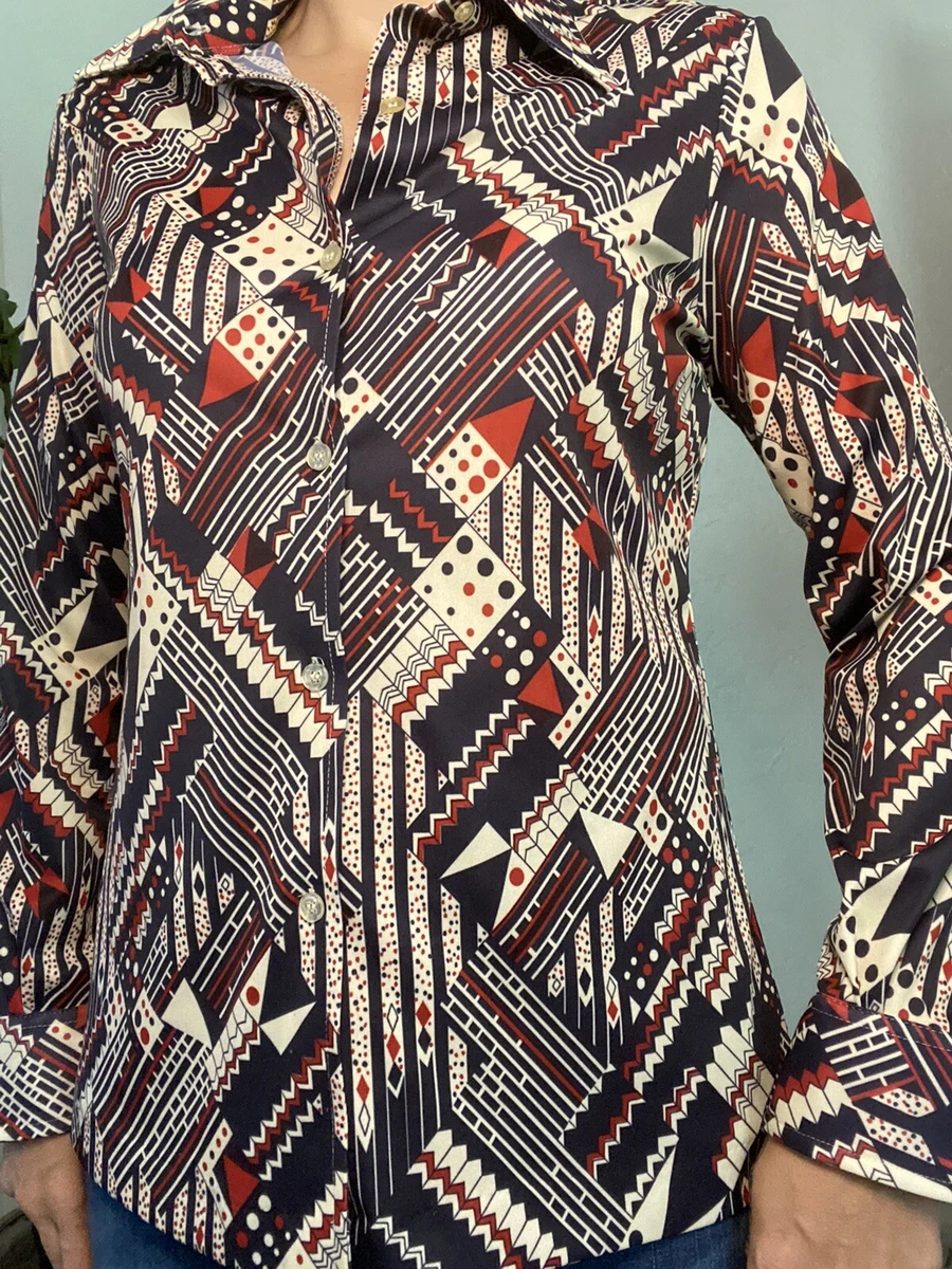 vintage 70s button up shirt Navy Red Psychedelic Pointed Collar eBay