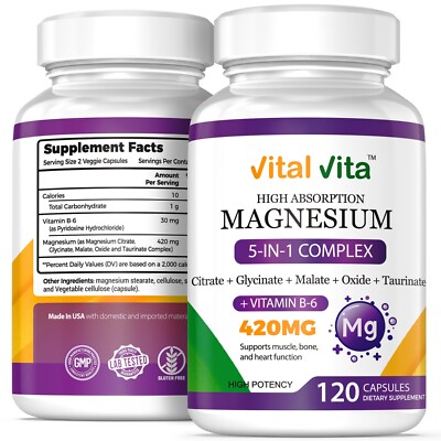 120 Capsules 5-in-1 Magnesium Complex + B6 Vitamin for Bone and Muscle Health