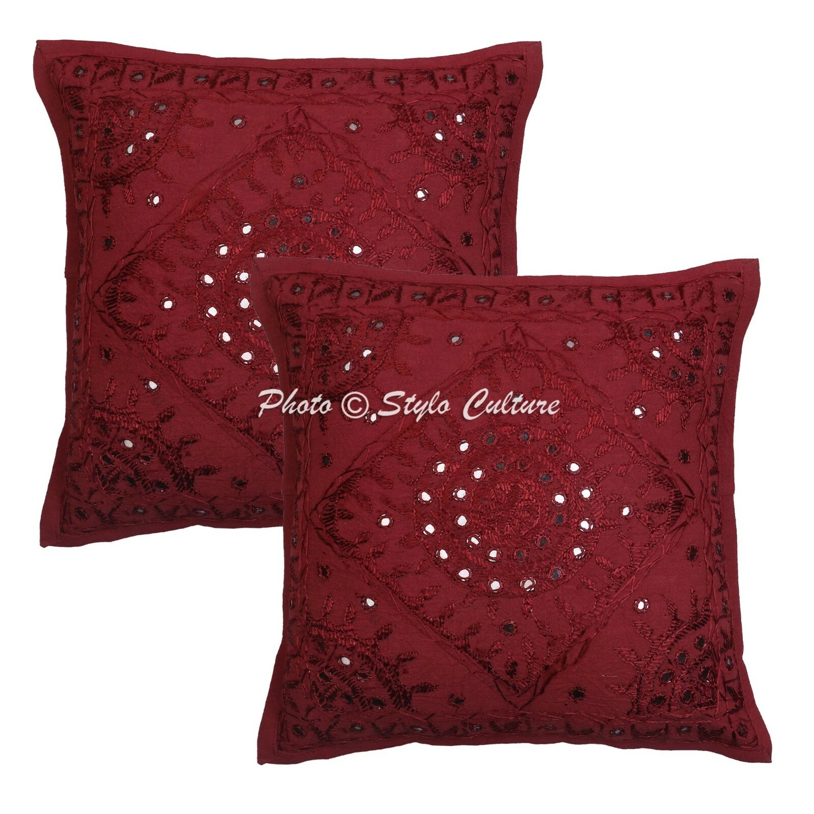 Indian Cotton Throw Pillow Covers Maroon 40cm Embroidered Mirrored Cushion Cover