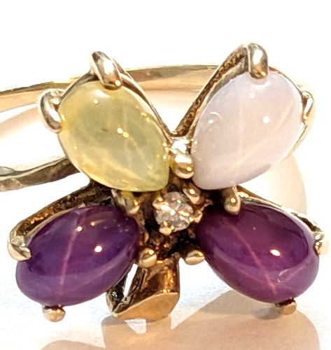 Beautiful 10K Yellow Gold Multi Gemstone & Diamond Flower Size 6.5 Ring 3.3 Gram
