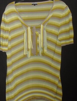 Jaeger London Striped Rouleau Loop Top green short sleeved jumper Size L vgc