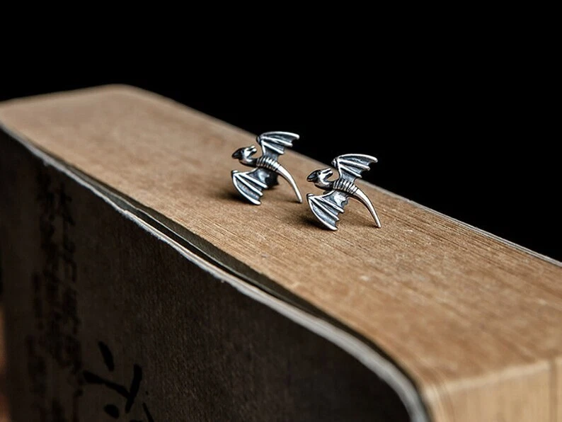 Orecchini orecchio piercing gotico donna uomo argento sterling 925 drago dragon - Immagine 3 di 4