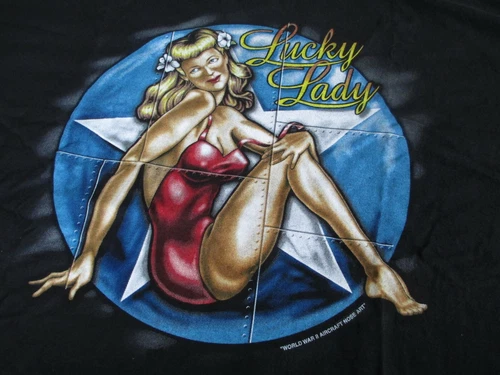 WW II WW 2 Bomber Nose Art Pinup Girl T shirt..."LUCKY LADY"...MENS 2XL