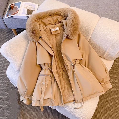 Womens Winter Warm Hooded Fleece Lace Up Zipper Padded Coat Parka Jacket Outwear - Picture 8 of 17