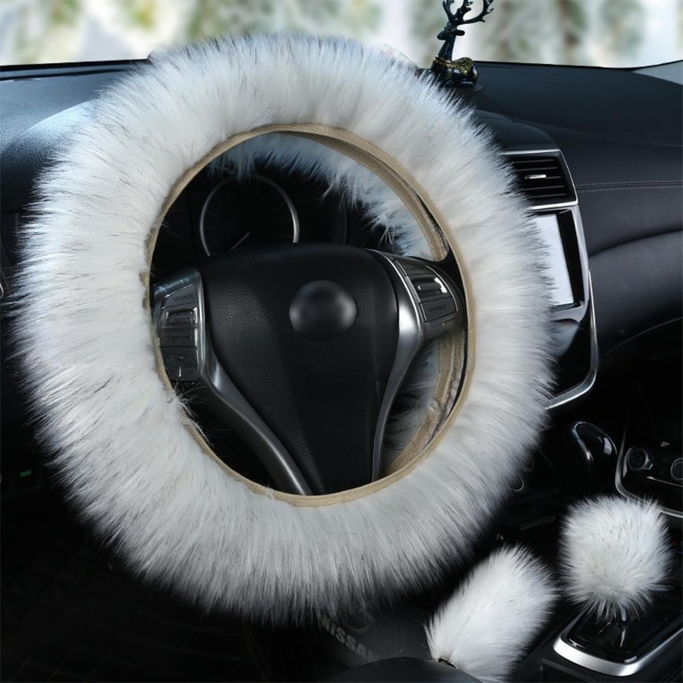 Faux Wool Fur Fluffy Car Steering Wheel Cover Handbrake Gear Knob
