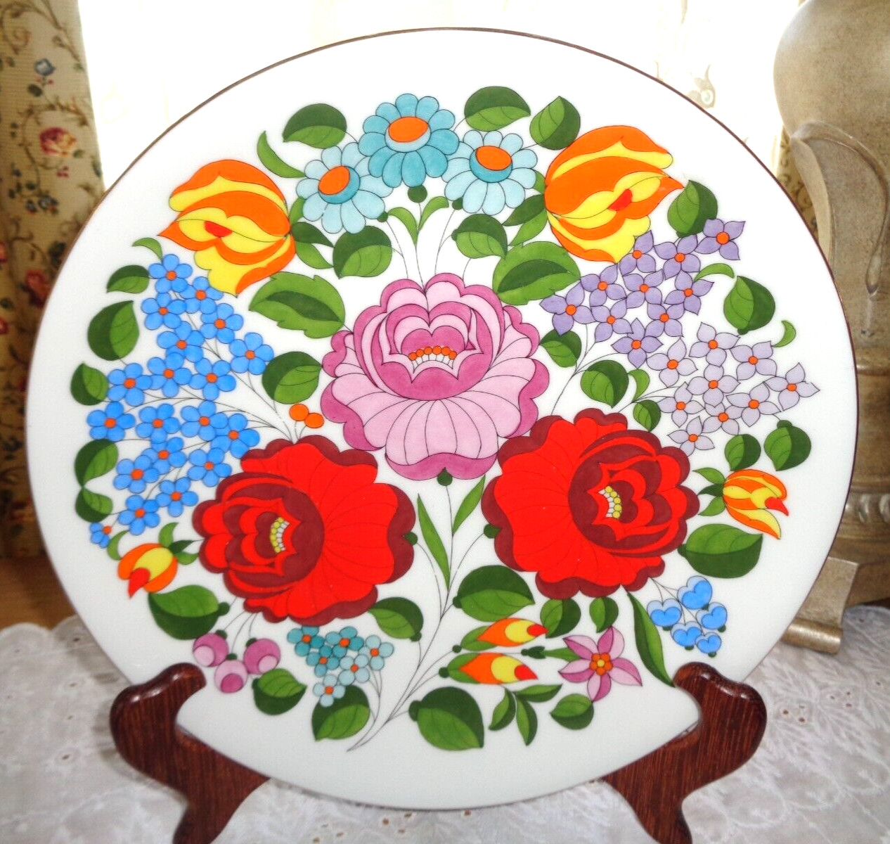 Wonderful Vintage Kalocsa Hungary Hand Painted Porcelain Plate-Vibrant Flowers