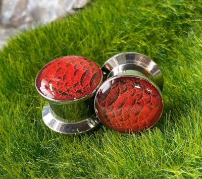 PAIR Steel Crimson Viper Snake Skin Logo Stash Plugs Gauges Earlets Body Jewelry