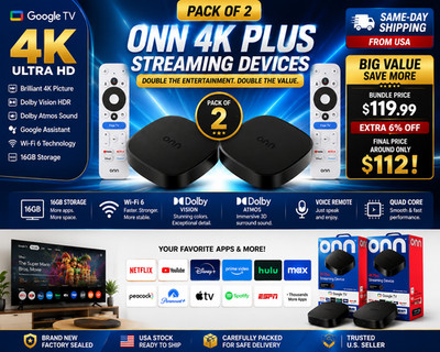 ONN 4K Plus TV Box Google TV 16GB Wi-Fi 6 Dolby Vision Atmos Voice Remote 2 Pack