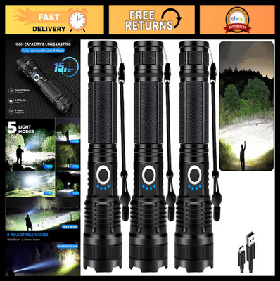 3 Pack Super Bright LED Flashlights, 990,000 Lumens, Waterproof, 5 Modes, Adjust