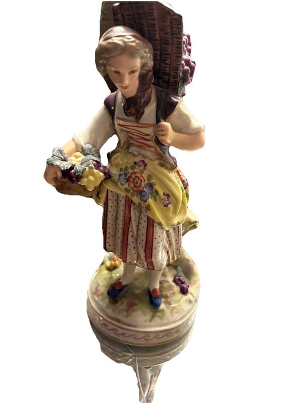 Antique French Woman fruit Basket Flowers Porcelain Figurine Sculpture Signed