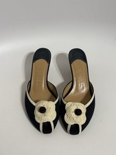 Vtg Chanel Navy Canvas Camellia Flower Sandal Heels 36