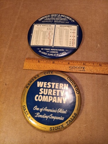2 Vtg Pocket Mirrors Paperweight Western Surety Company & Commercial Credit